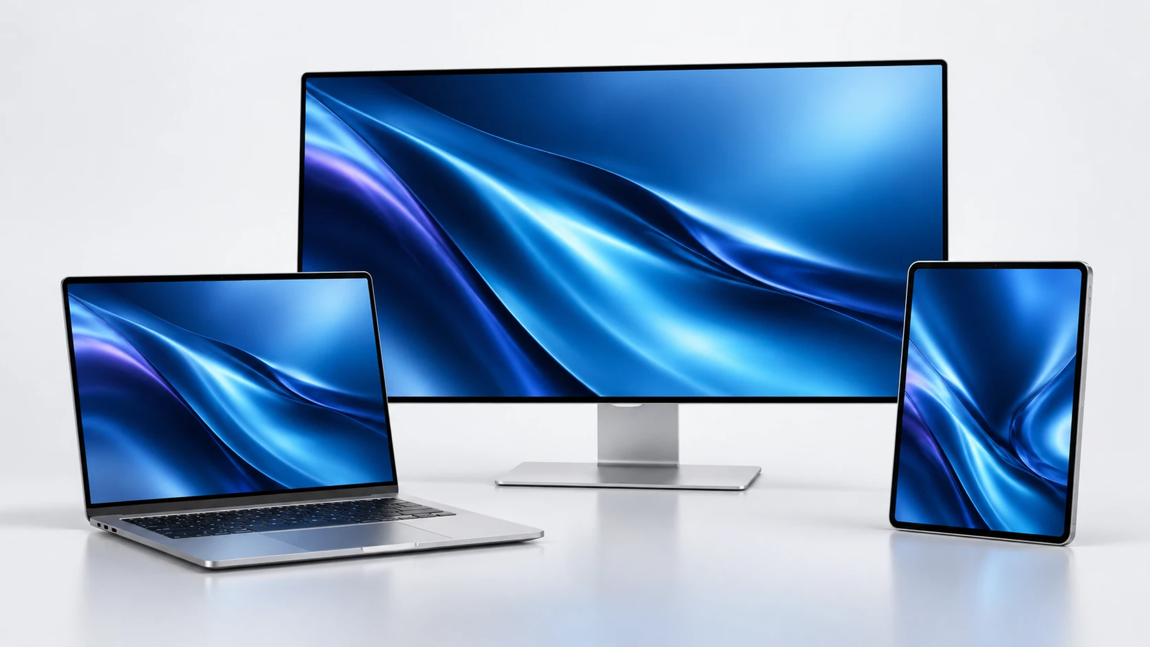 Composición conceptual de un monitor, un portátil y una tablet con pantallas azules, creada para Startit.