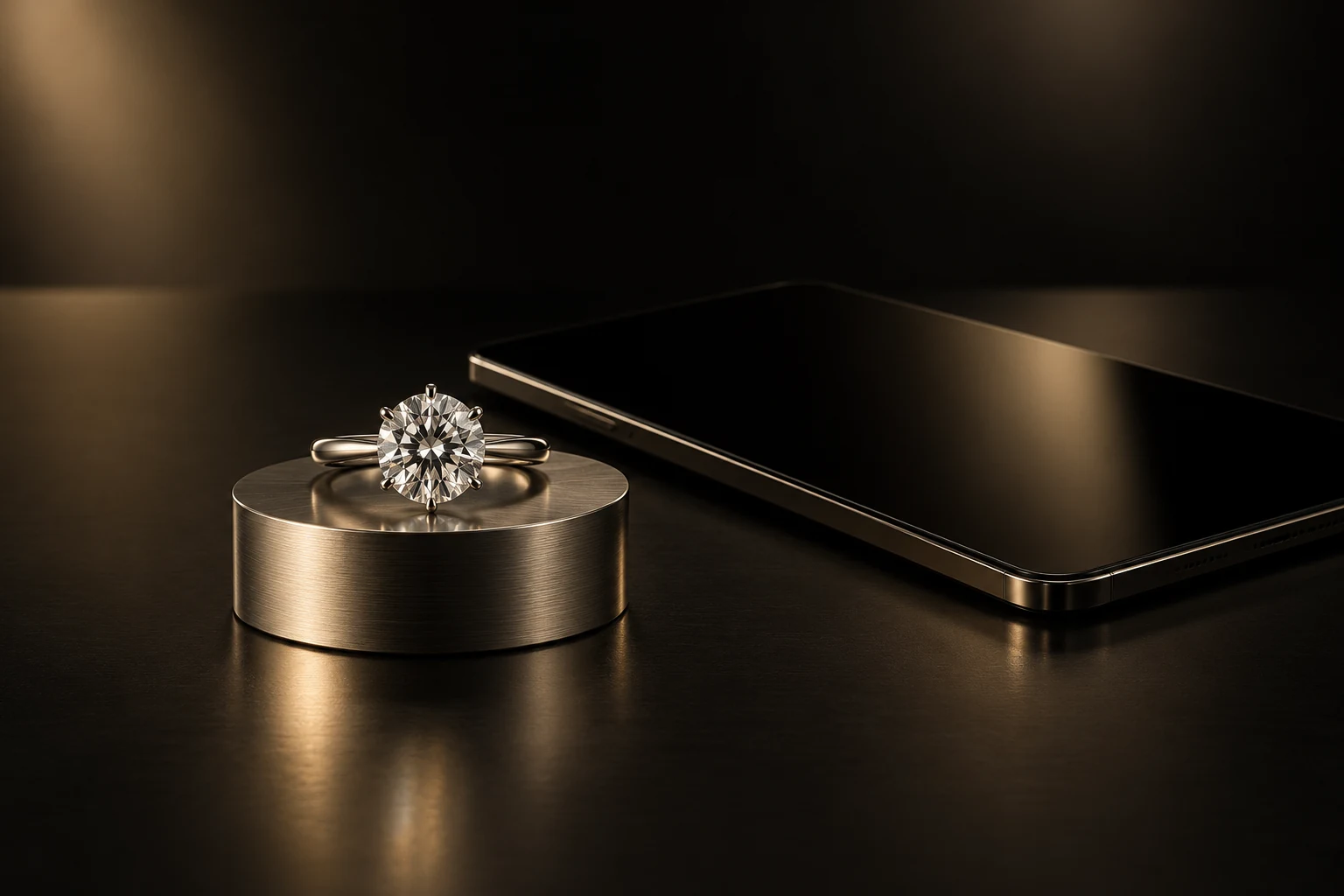 Imagen conceptual de una pieza de joyería sobre una base de metal, creada para Jewelry OS.