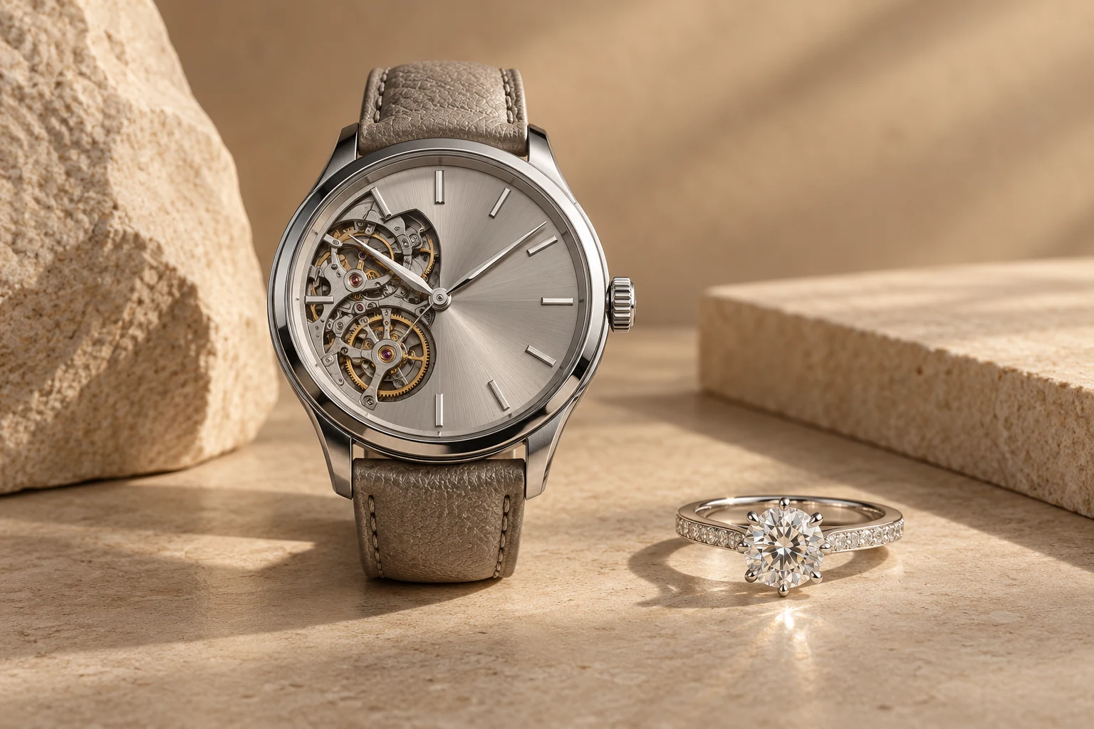 Composición conceptual de un reloj mecánico y un anillo de diamante sobre piedra cálida.